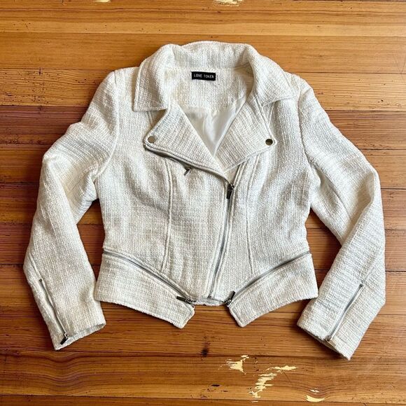 Love Token Tweed Moto Jacket in Ivory. Size M. - Picture 1 of 13